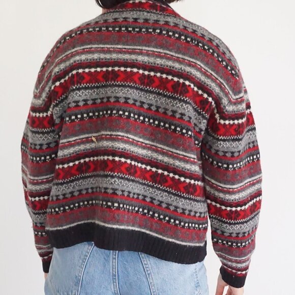 Vintage Newton Trading Red Black Knit 100% Shetland Wool Zip Cardigan Sweater L - Picture 3 of 11